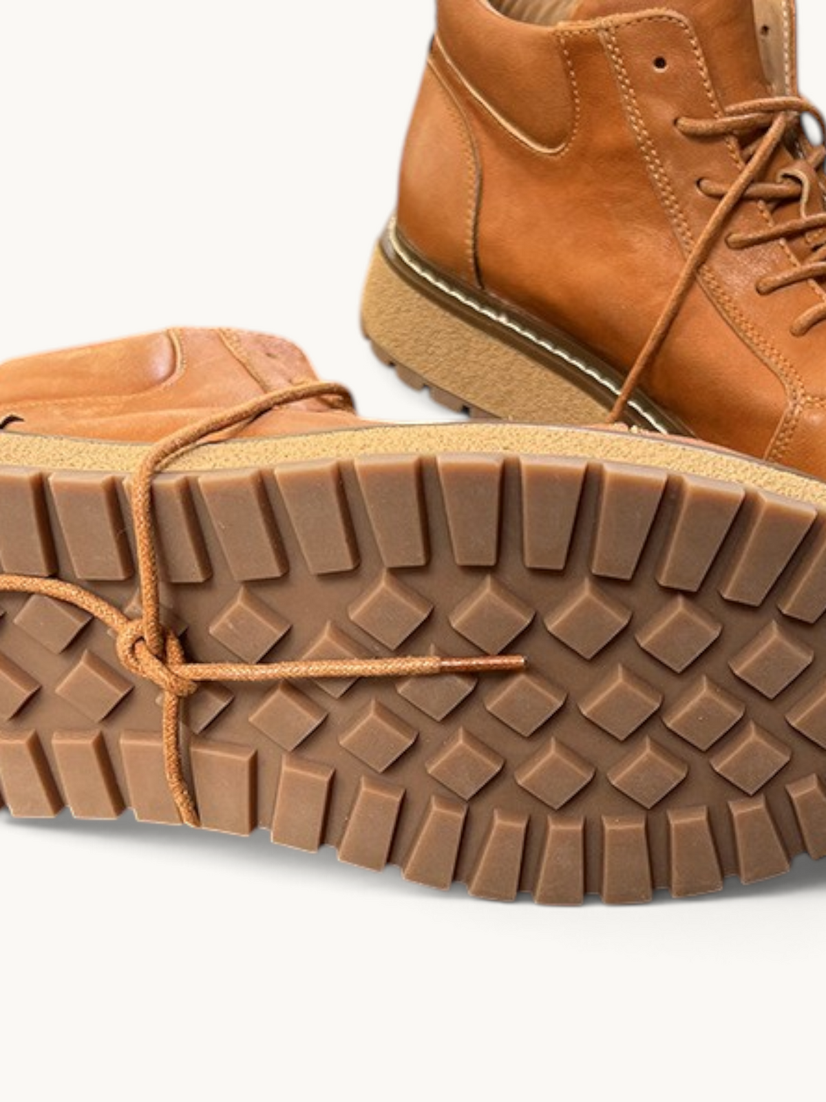 By Old Money tan full-grain leather work boots with thick lugged soles and lace-up closure