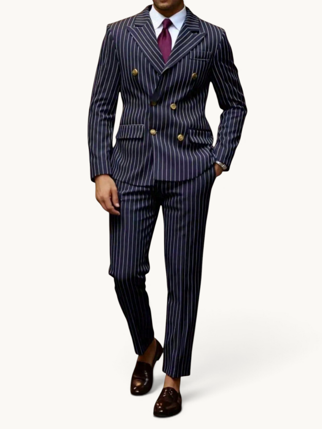 By Old Money navy blue pinstripe double-breasted suit with peak lapels and gold buttons worn by a man