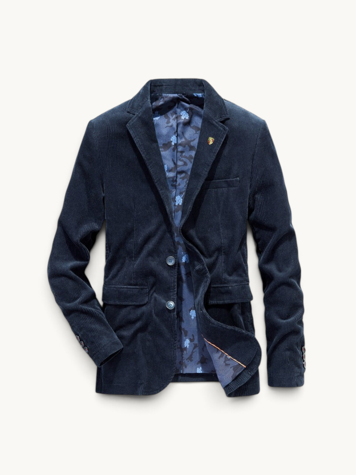 By Old Money navy blue corduroy blazer with a notched lapel and patterned interior lining