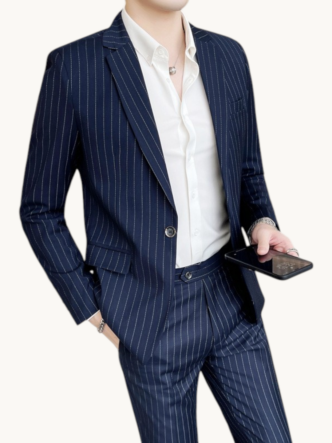 By Old Money navy blue pinstripe slim-fit two-piece suit with a single-button blazer and matching trousers