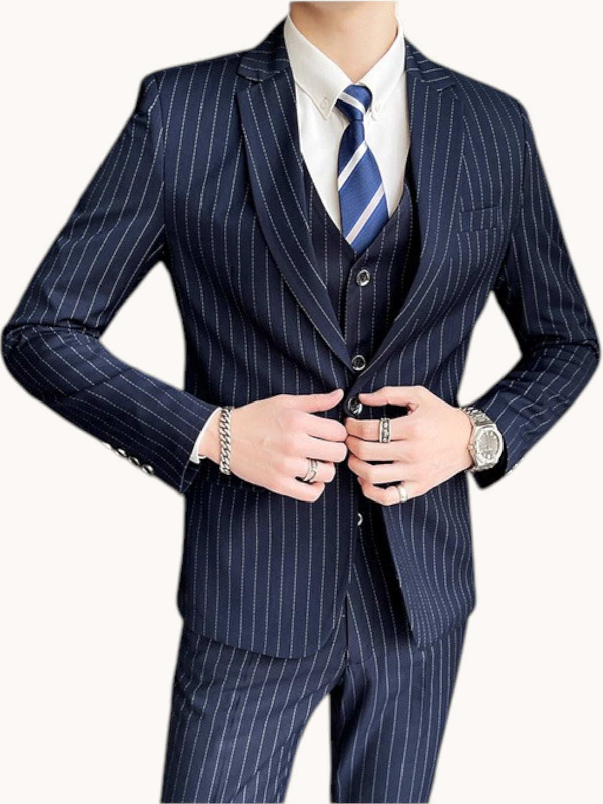 By Old Money navy blue pinstripe three-piece suit with a slim fit jacket, waistcoat, and matching trousers.