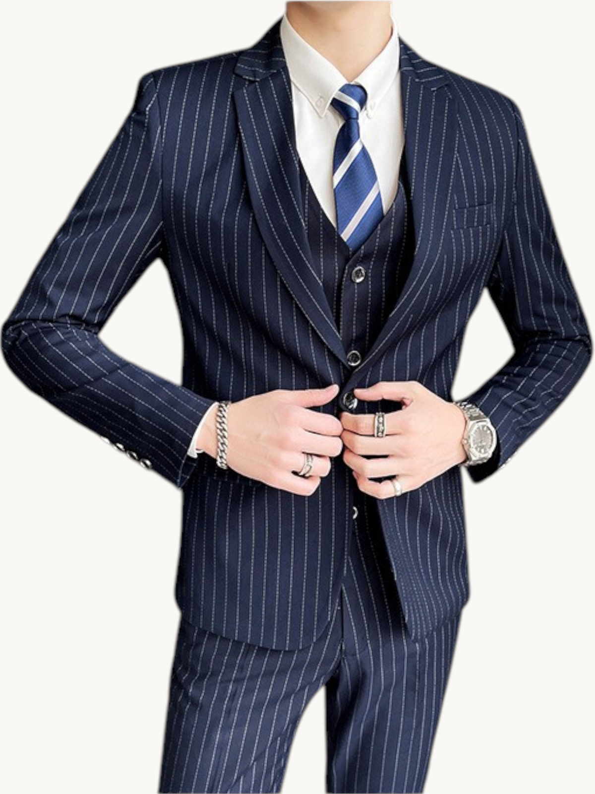 By Old Money navy blue pinstripe three-piece suit with a slim fit jacket, waistcoat, and matching trousers.