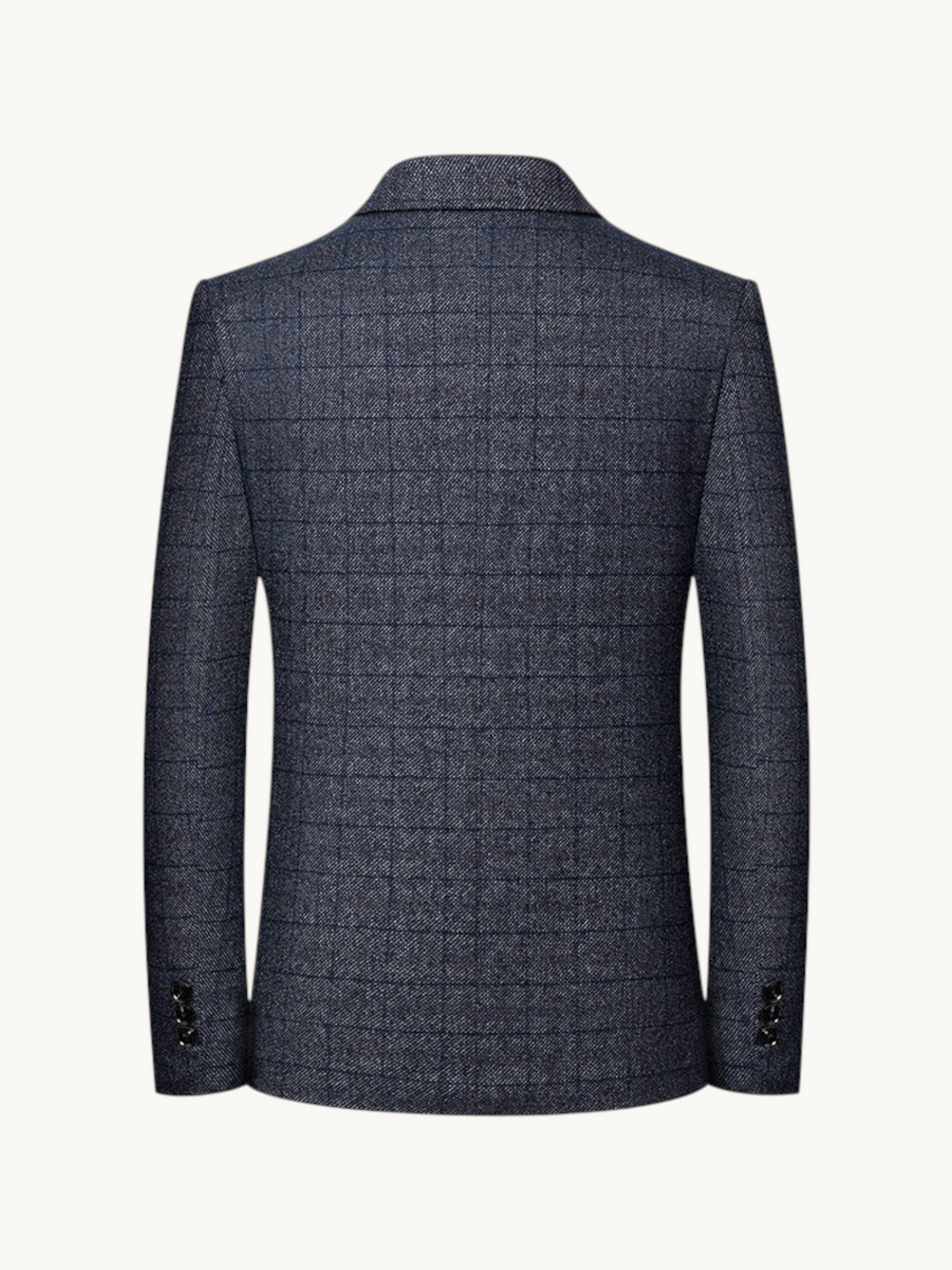 Back view of By Old Money wrinkle-resistant navy blazer with subtle windowpane check pattern and notched collar
