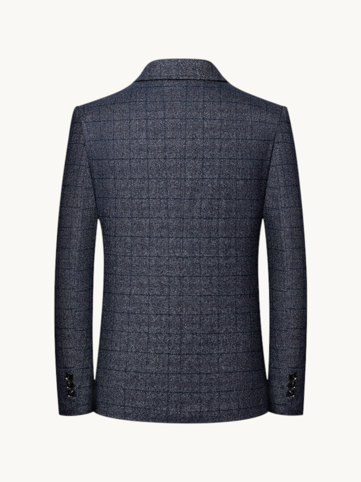Back view of By Old Money wrinkle-resistant navy blazer with subtle windowpane check pattern and notched collar