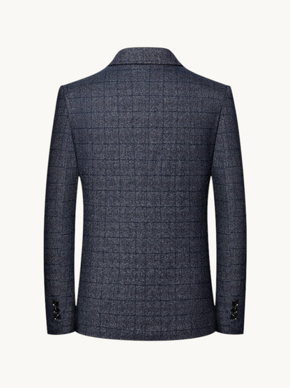 Back view of By Old Money wrinkle-resistant navy blazer with subtle windowpane check pattern and notched collar