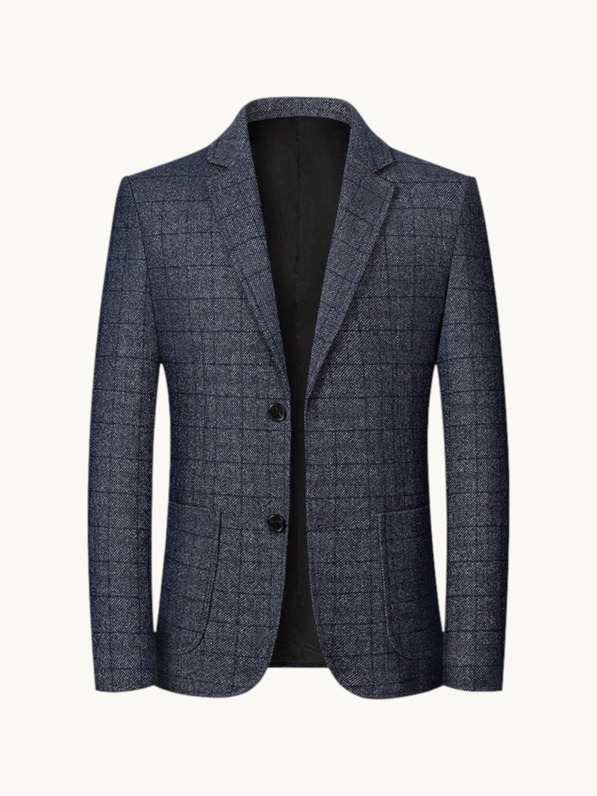 By Old Money navy blue windowpane check blazer with notched lapels, two-button closure, and flap pockets.