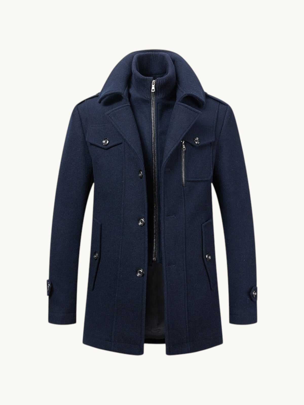 By Old Money navy blue wool coat featuring a double collar design with a zip-up inner layer and buttoned pockets.