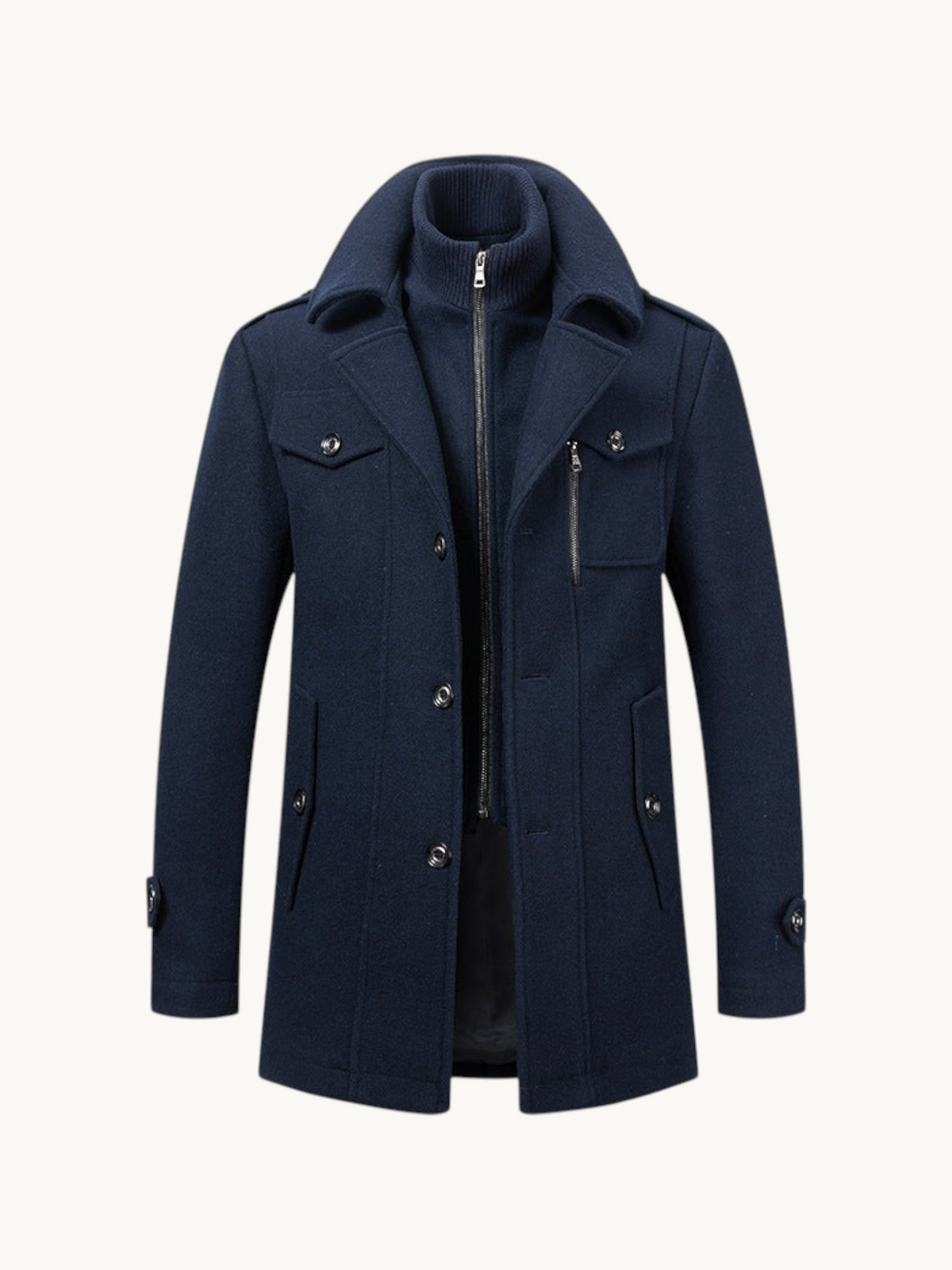 By Old Money navy blue wool coat featuring a double collar design with a zip-up inner layer and buttoned pockets.