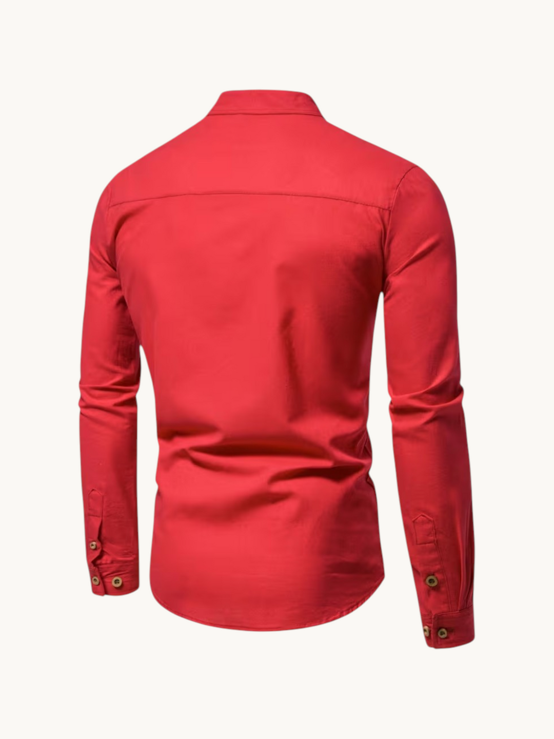 Back view of a By Old Money red long-sleeve cotton shirt with a mandarin collar and buttoned cuffs.
