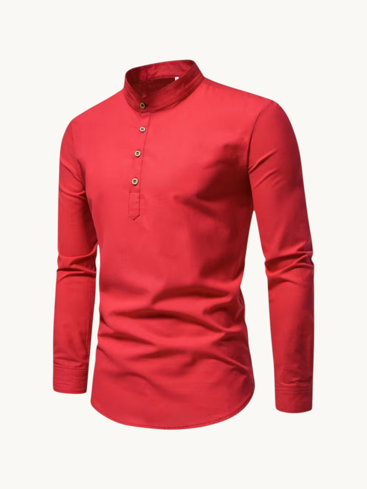 By Old Money red long-sleeve cotton shirt with a mandarin collar and a four-button partial placket front.