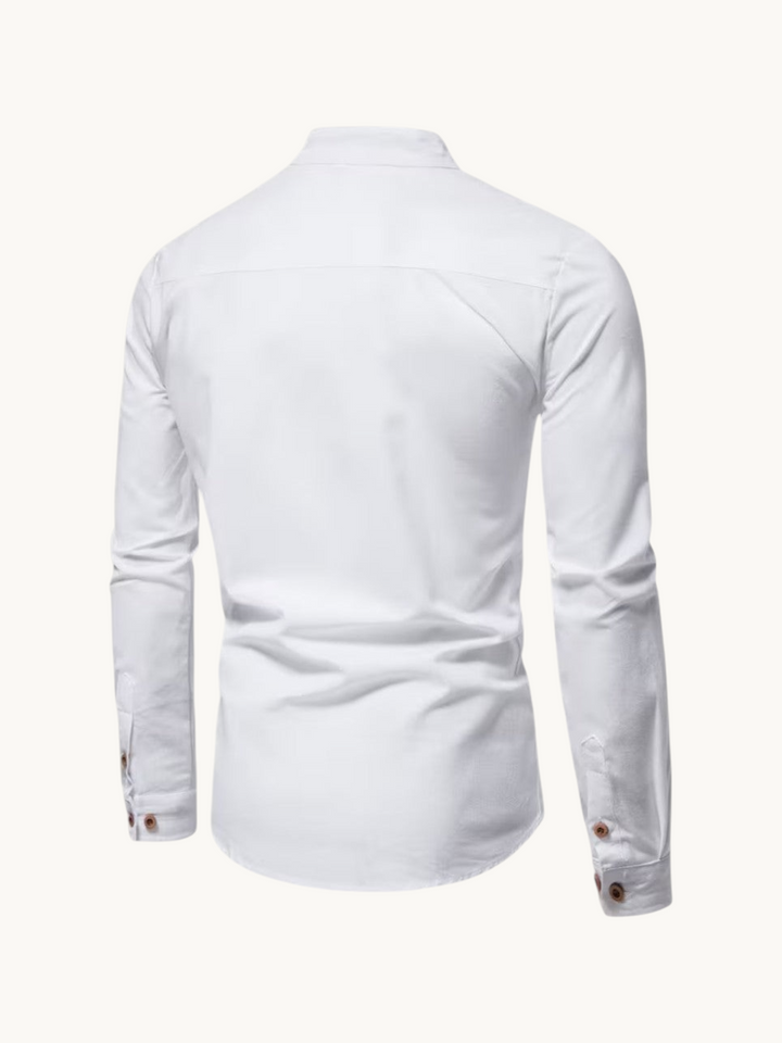 Back view of a By Old Money white long-sleeve shirt with a mandarin collar and brown buttoned cuffs.