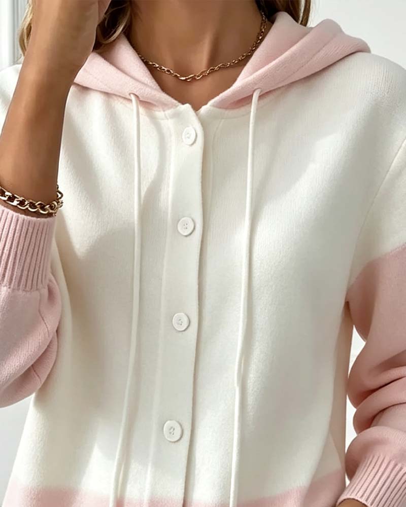 Cardigan à capuche boutonné, détail de la capuche et du boutonnage