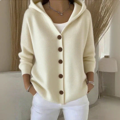 Cardigan à capuche en maille unie, coloris beige, vu de face