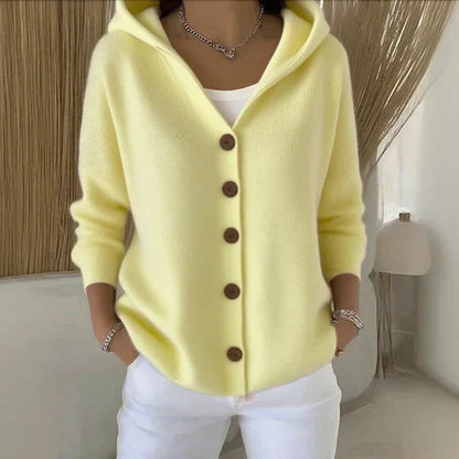 Cardigan à capuche en maille unie, coloris jaune, vu de face
