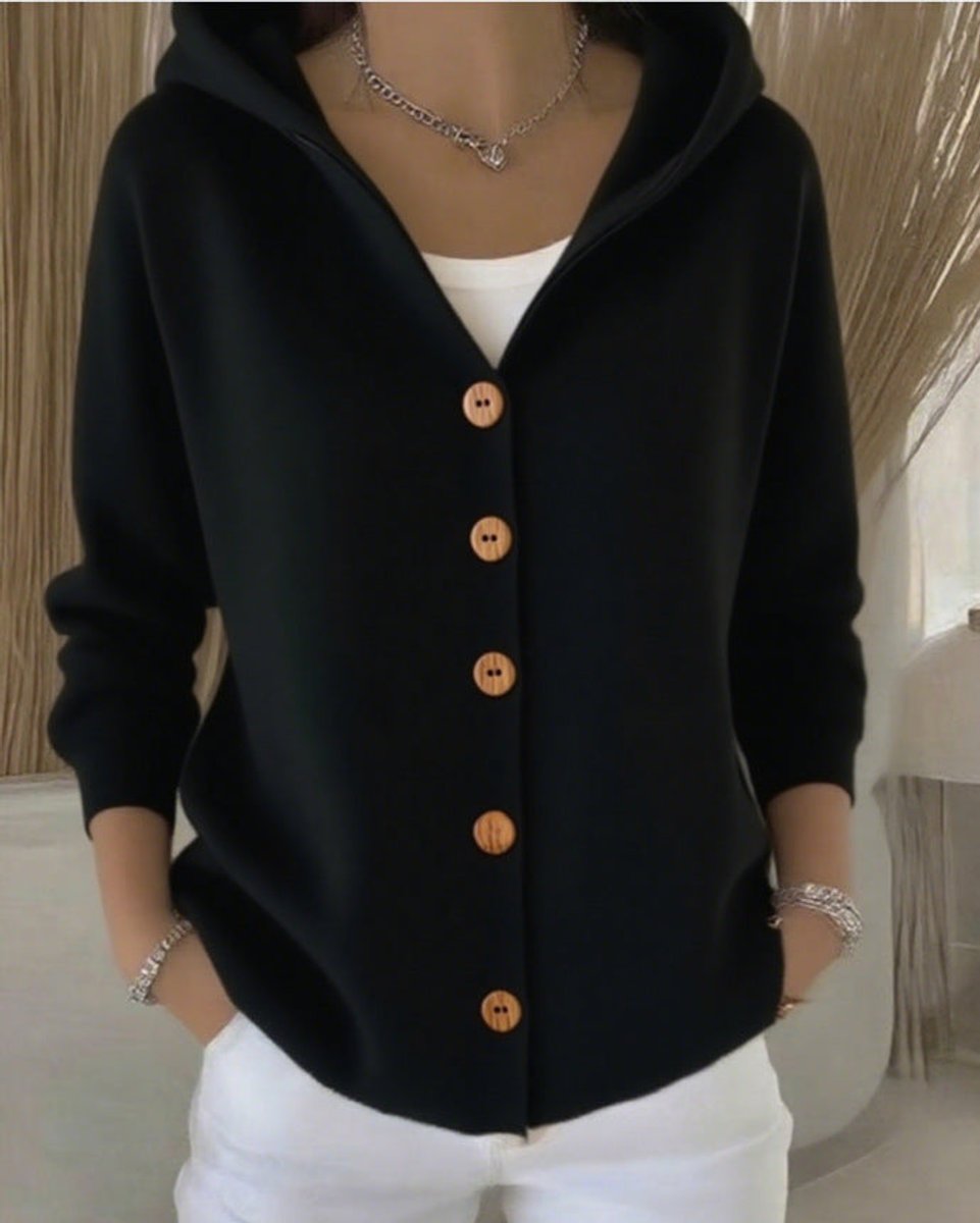 Cardigan à capuche en maille unie, coloris noir, vu de face