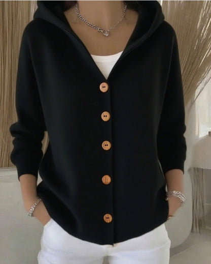 Cardigan à capuche en maille unie, coloris noir, vu de face
