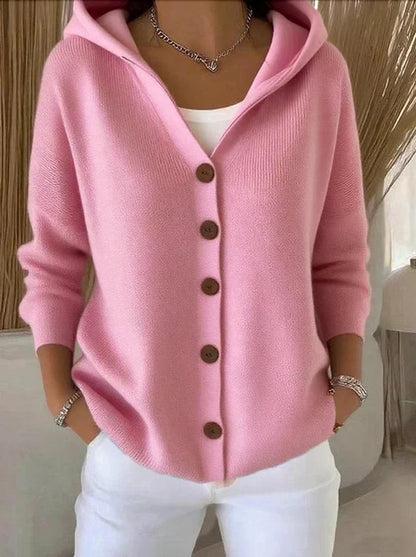 Cardigan à capuche en maille unie, coloris rose, vu de face