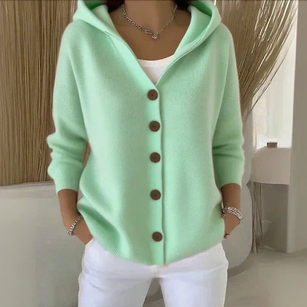 Cardigan à capuche en maille unie, coloris vert, vu de face