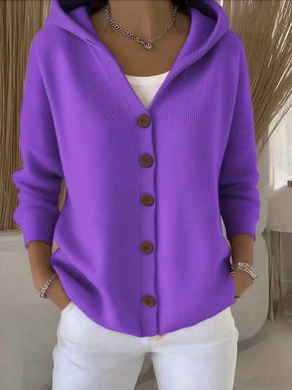 Cardigan à capuche en maille unie, coloris violet, vu de face