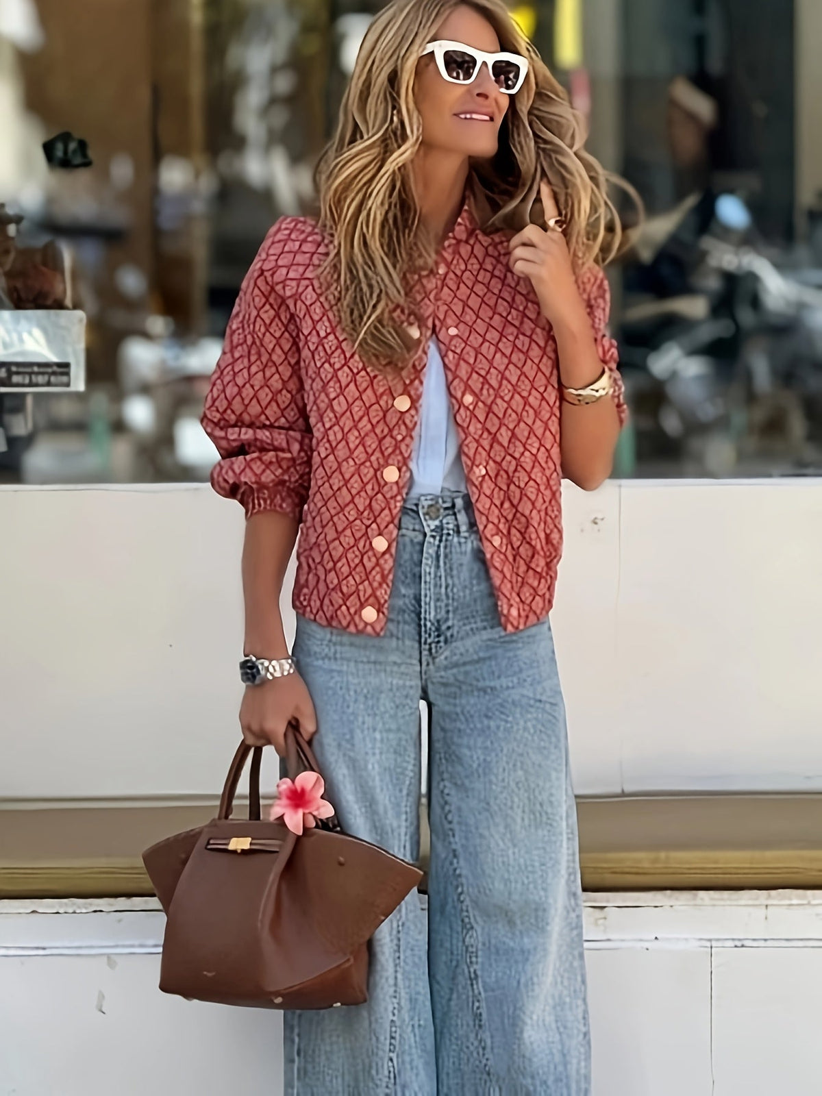 Cardigan à motif losanges, coloris rouille, porté en tenue, vue 4