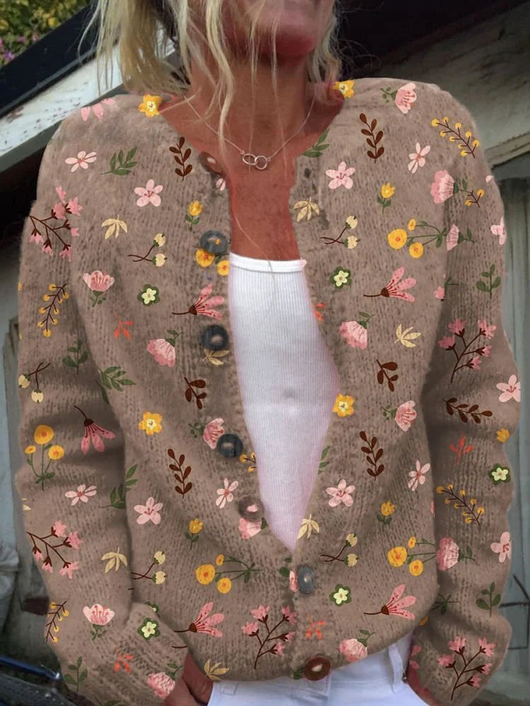 Cardigan à motifs fleuris, coloris marron, vu de face