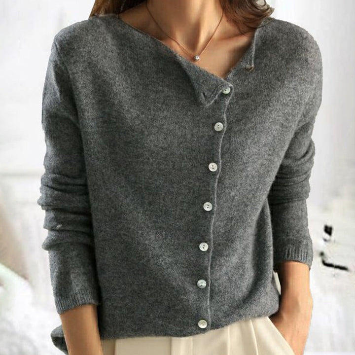 Cardigan boutonné à col en V, coloris gris, vu de face