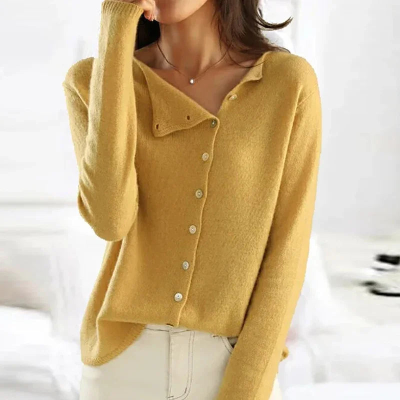 Cardigan boutonné à col en V, coloris jaune, vu de face