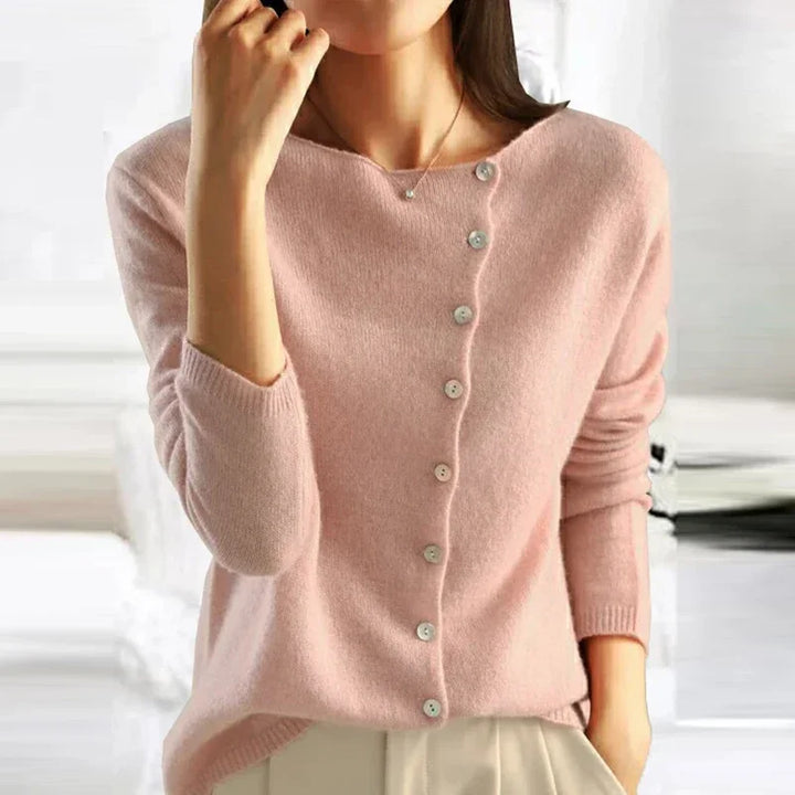 Cardigan boutonné à col en V, coloris rose, vu de face