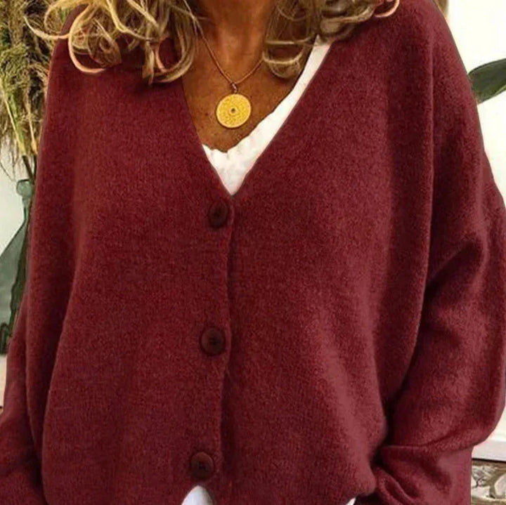 Cardigan boutonné à col V, coloris bordeaux, vu de face