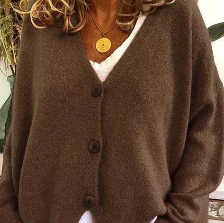 Cardigan boutonné à col V, coloris café, vu de face