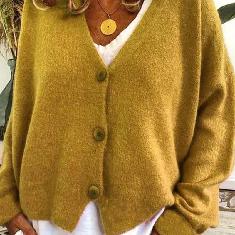 Cardigan boutonné à col V, coloris jaune, vu de face