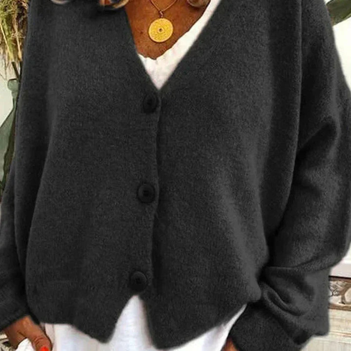Cardigan boutonné à col V, coloris noir, vu de face