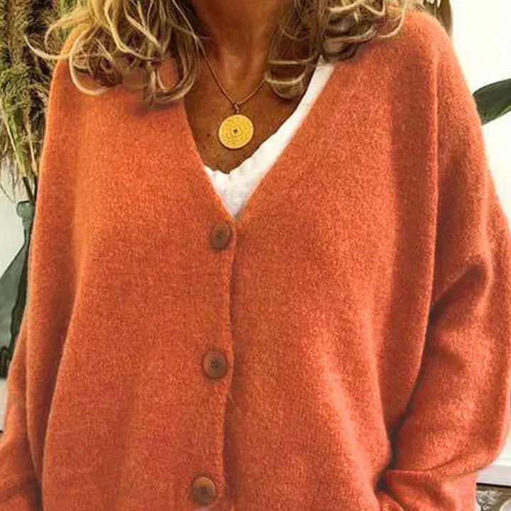 Cardigan boutonné à col V, coloris orange, vu de face