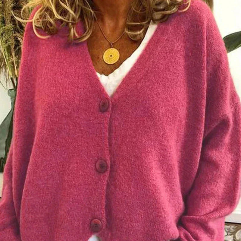 Cardigan boutonné à col V, coloris rose, vu de face