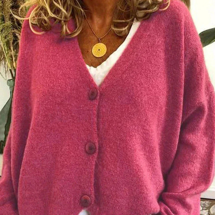 Cardigan boutonné à col V, coloris rose, vu de face