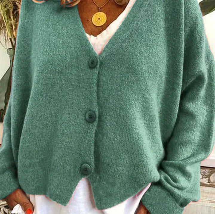 Cardigan boutonné à col V, coloris vert, vu de face