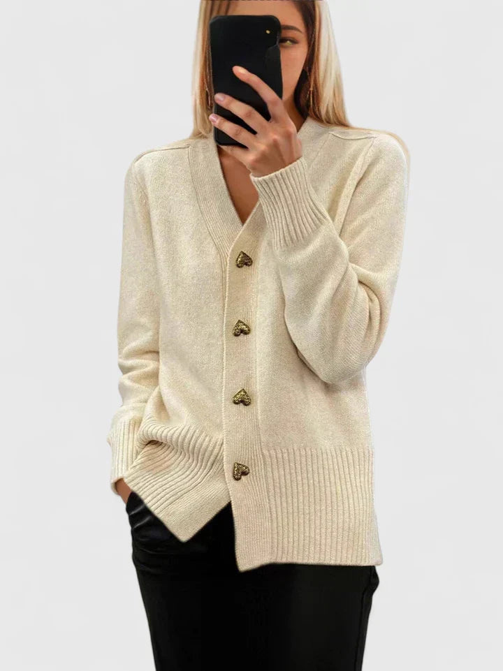 Cardigan à boutons cœur pour femme, coloris crème