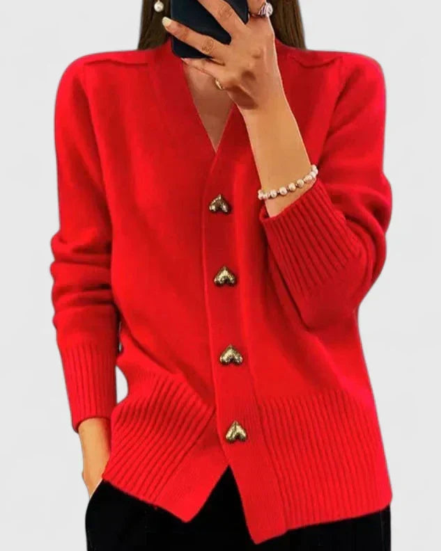 Cardigan à boutons cœur pour femme, coloris rouge