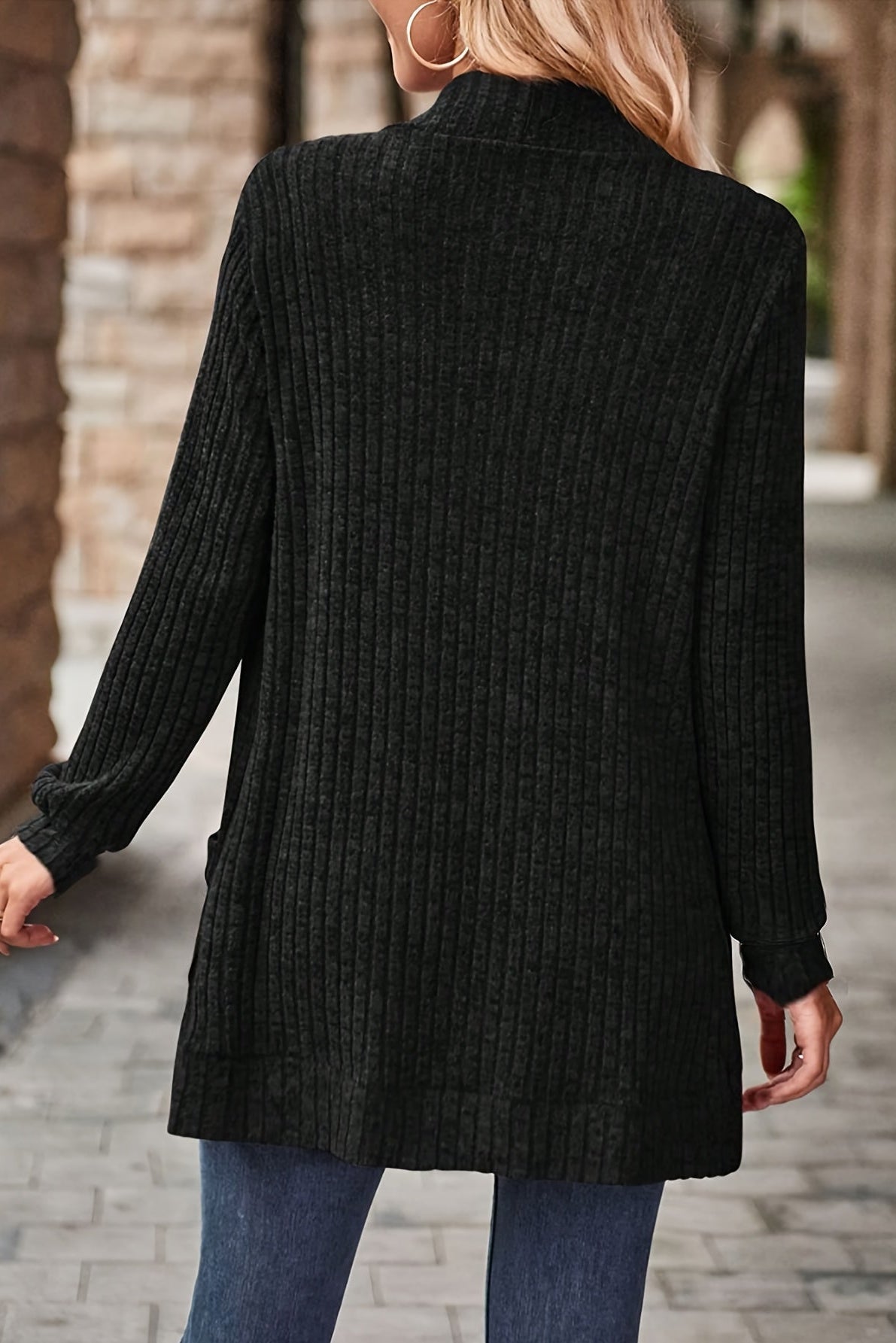 Cardigan côtelé sans boutons, coloris noir, vue de dos