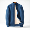 Cardigan côtelé zippé doublé, coloris bleu denim, vue de face