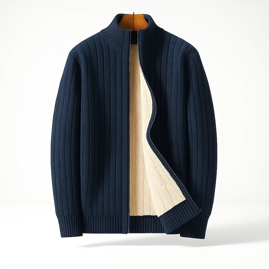 Cardigan côtelé zippé doublé, coloris bleu marine, vue de face