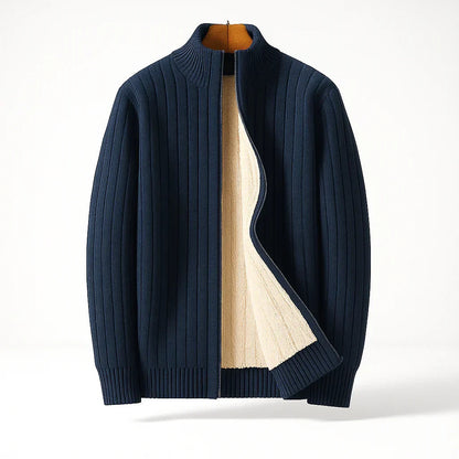 Cardigan côtelé zippé doublé, coloris bleu marine, vue de face