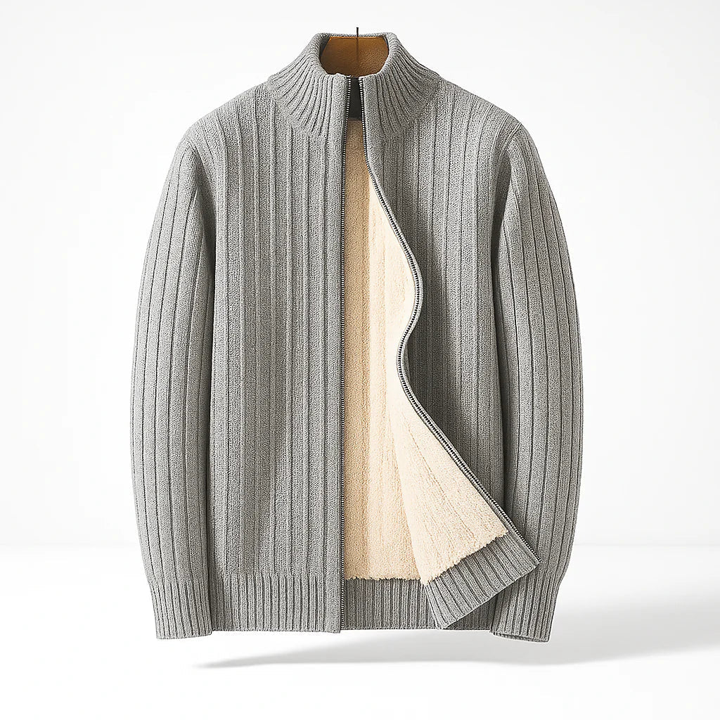 Cardigan côtelé zippé doublé, coloris gris clair, vue de face