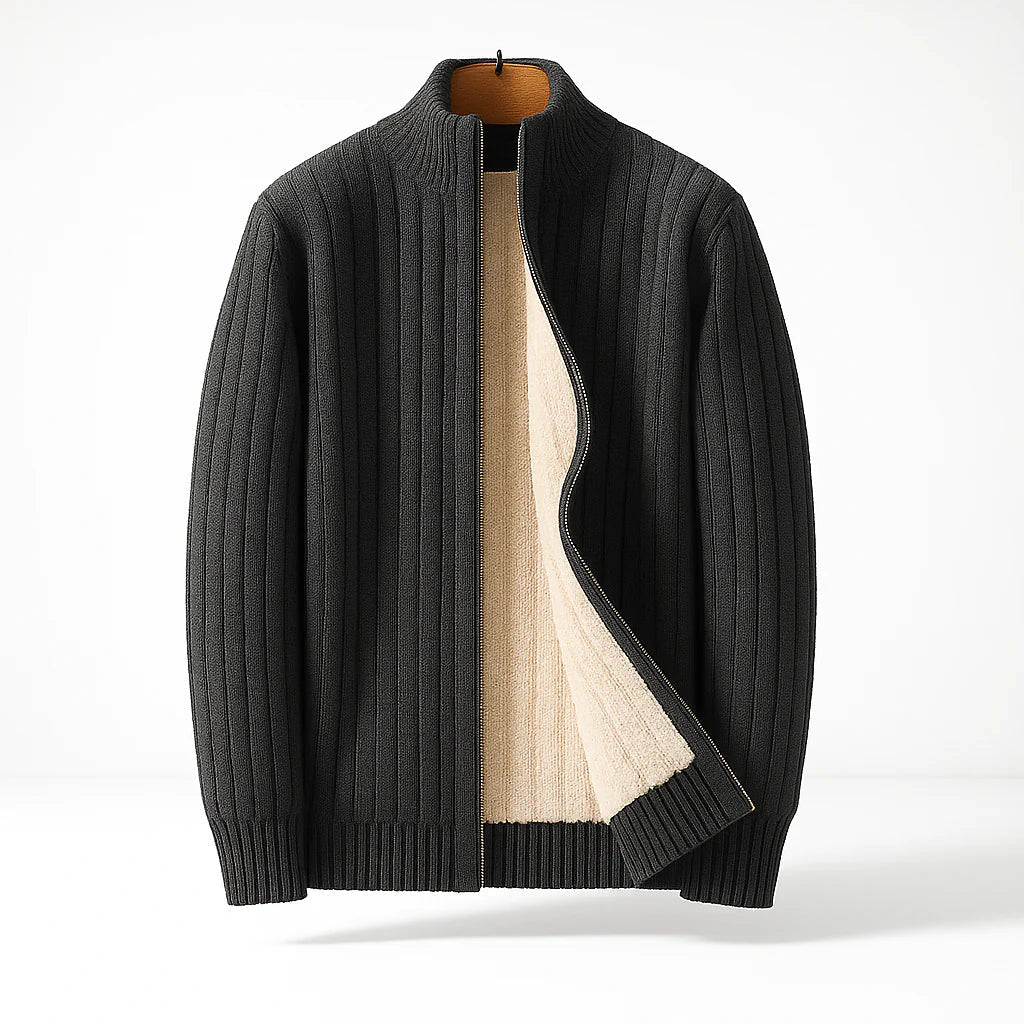 Cardigan côtelé zippé doublé, coloris gris foncé, vue de face