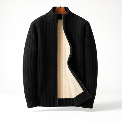 Cardigan côtelé zippé doublé, coloris noir, vue de face