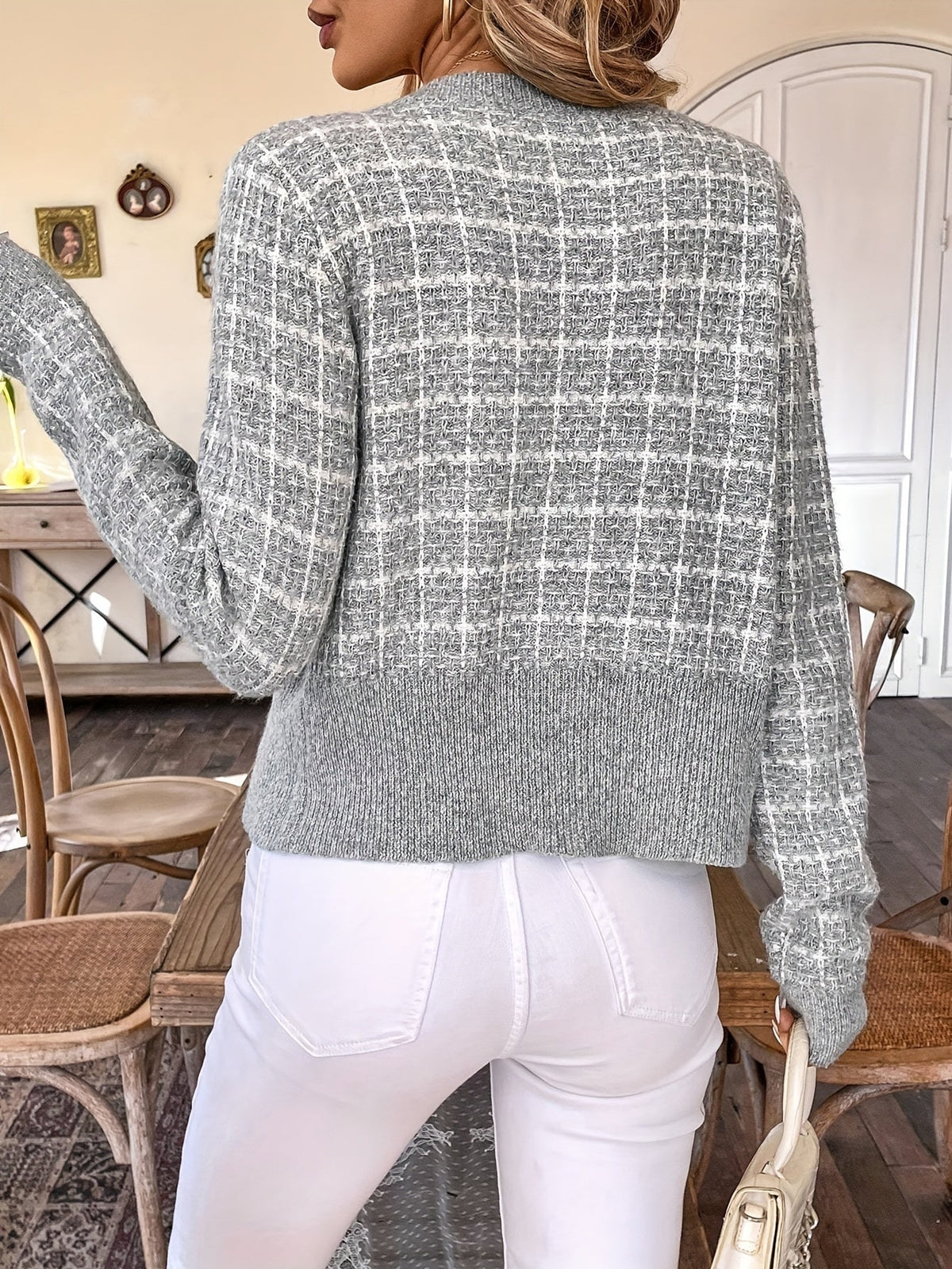 Cardigan court effet tweed, coloris gris/blanc, vu de dos