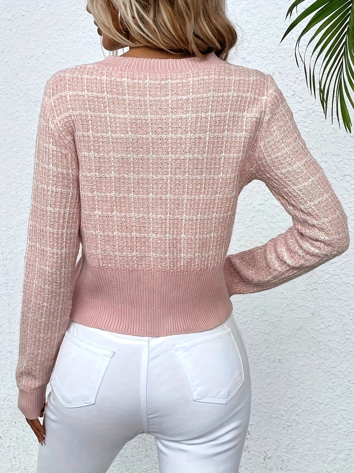 Cardigan court effet tweed, coloris rose clair, vu de dos