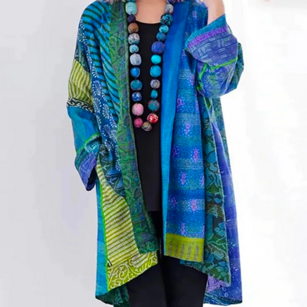 Cardigan long à panneaux, coloris bleu, vu de face