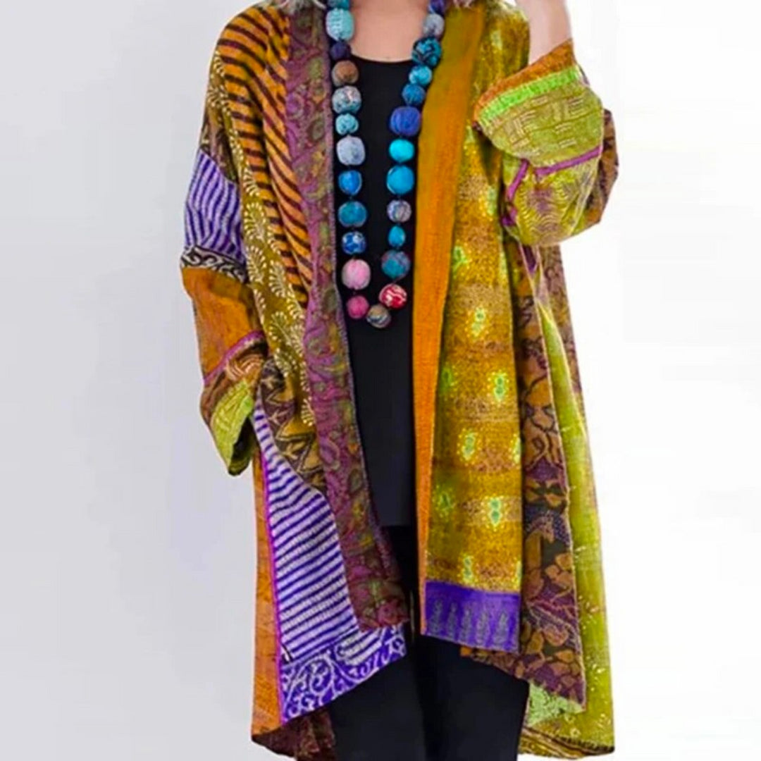 Cardigan long à panneaux, coloris jaune, vu de face