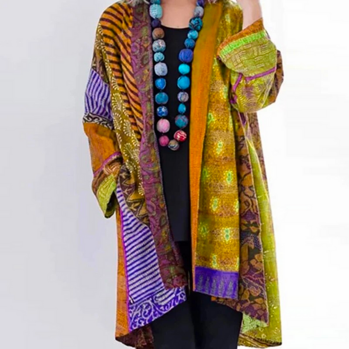 Cardigan long à panneaux, coloris jaune, vu de face